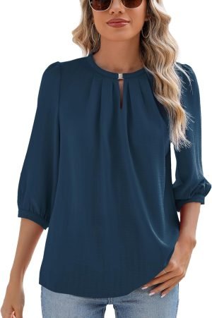 71BzFnerMTL._AC_SL1500 V Neck Puff 3/4 Length Sleeve Womens Tops Dressy Casual Chiffon Work Blouses Pleated T-Shirts Loose Fit S-XXL