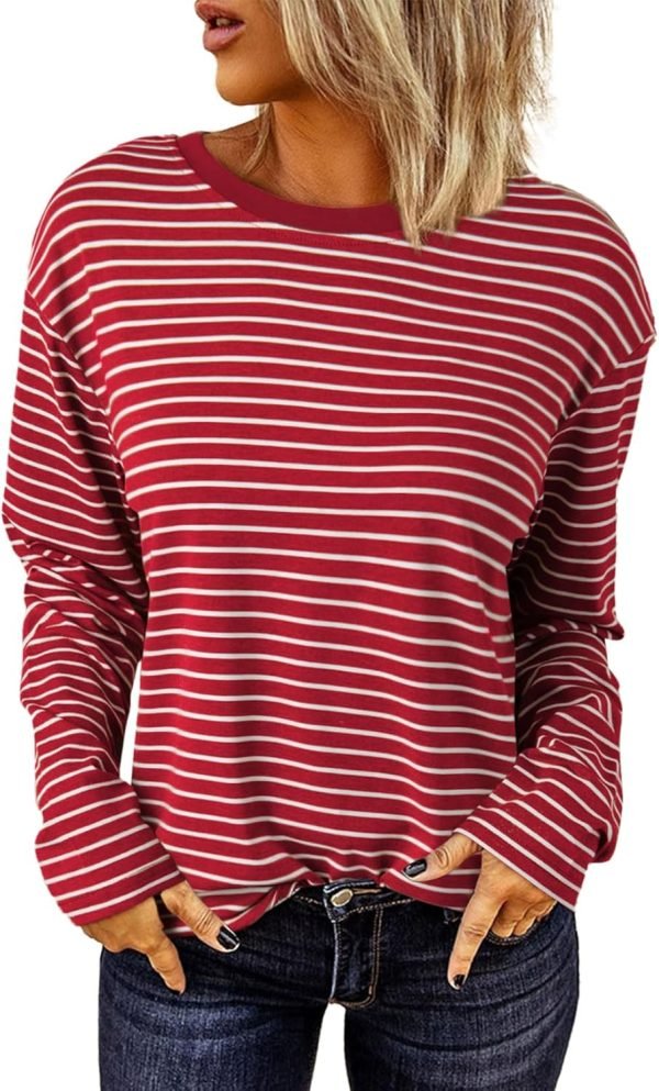 Women's Casual Striped Long Sleeve Tops Crew Neck Knit Ribbed Basic T Shirts