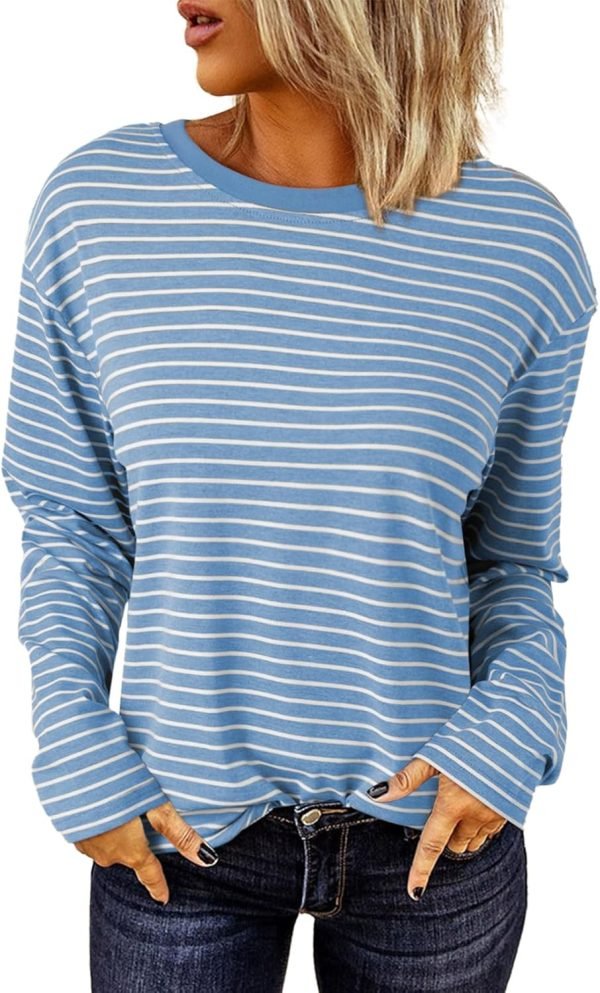 Women's Casual Striped Long Sleeve Tops Crew Neck Knit Ribbed Basic T Shirts