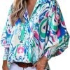 Women 2024 Loose V-Neck Shirts Paisley Print Lantern Sleeve Blouse Tops
