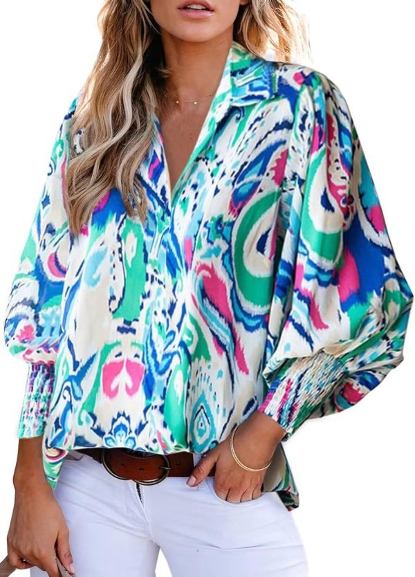 Women 2024 Loose V-Neck Shirts Paisley Print Lantern Sleeve Blouse Tops