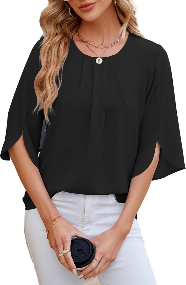 71CozndteaL._AC_SL1500 Women's Chiffon Blouse 3/4 Sleeve Crew Neck Loose Tops Casual Blouses Shirt