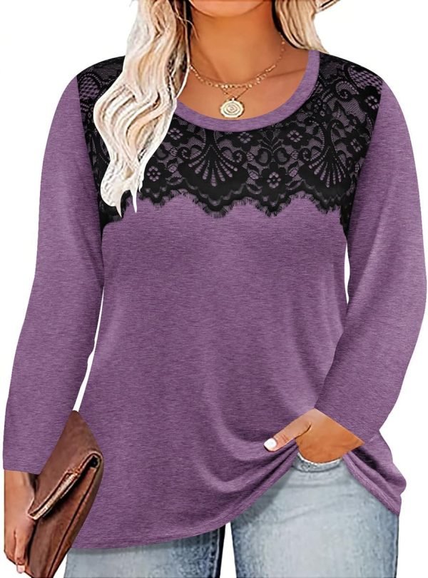 Plus Size Lace Tops for Women Long Sleeve Crewneck Pullover Fall T-shirts Tunics Basic Tees T-Shirts XL-5XL