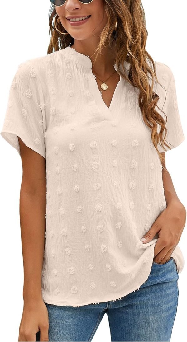 Womens White Chiffon Blouses Short Sleeve V Neck Shirts Summer Casual Polka Dot Tops