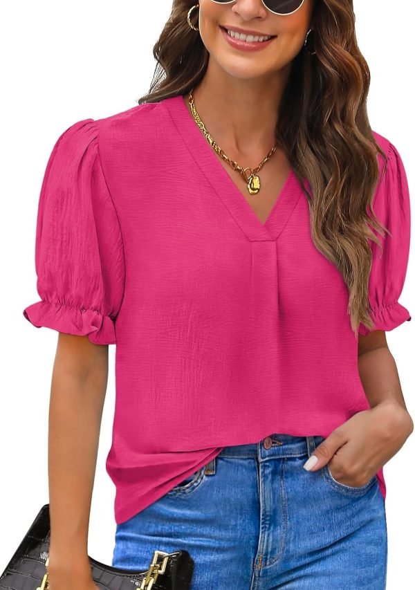 Women Dressy Casual Puff Short Sleeve Summer Tops V Neck Work Blouses