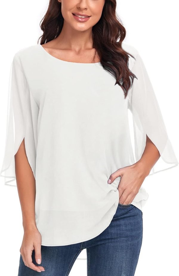 Womens Tops Dressy Casual Summer Chiffon Blouse 3/4 Sleeve Loose Mesh Tunic Shirts