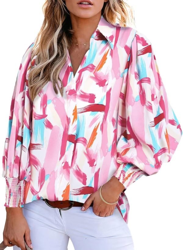 Women 2024 Loose V-Neck Shirts Paisley Print Lantern Sleeve Blouse Tops