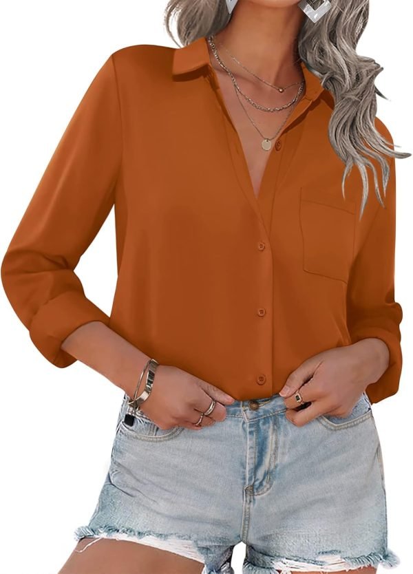 Women Button Down Shirts with Pockets Long Sleeve Office Blouses Casual Business Tops Slim Fit Chiffon Shirts S-XXL