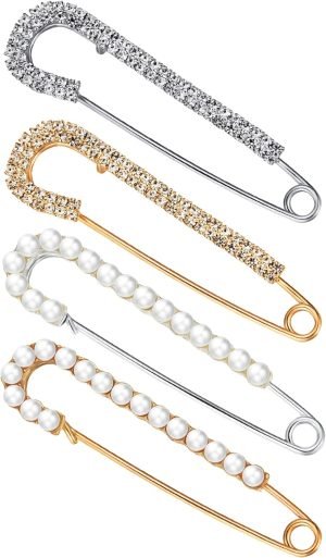 Women Brooch Pins Sweater Shawl Clips Faux Crystal Pearl Brooches Safety Pins Dress Shirt Clips for Women Gold Silver (4 Pieces)