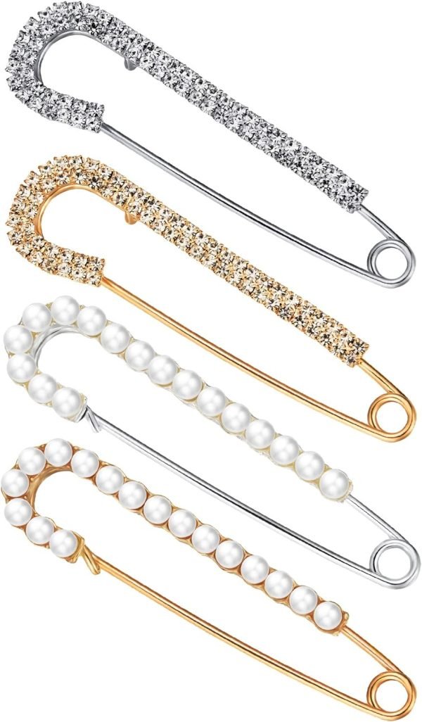 Women Brooch Pins Sweater Shawl Clips Faux Crystal Pearl Brooches Safety Pins Dress Shirt Clips for Women Gold Silver (4 Pieces)