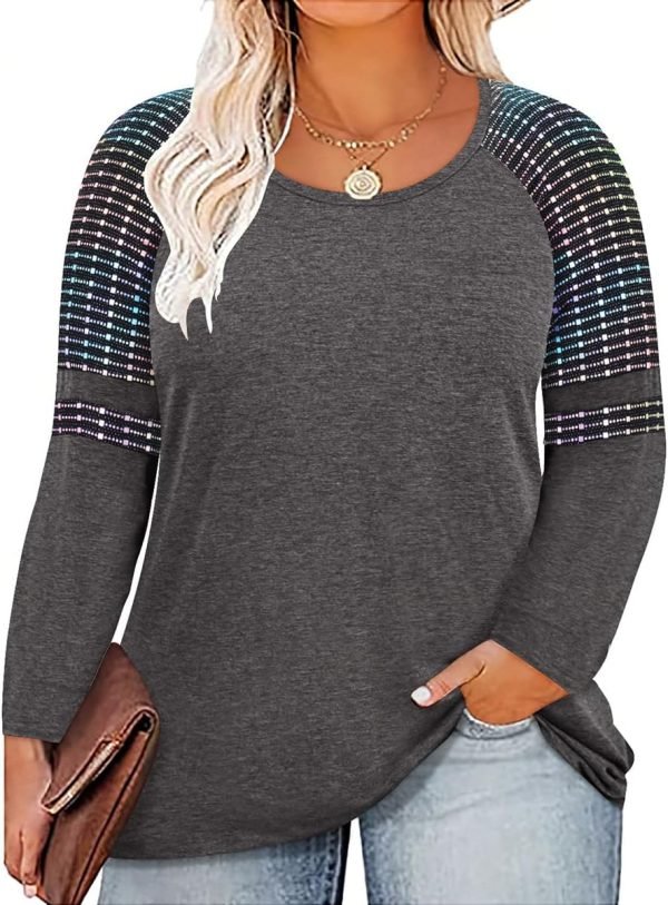 Plus Size T Shirt for Women Long Sleeve Raglan Tops Tee Shirts Color Block Top Leopard Plaid Print XL-5XL 14W-28W