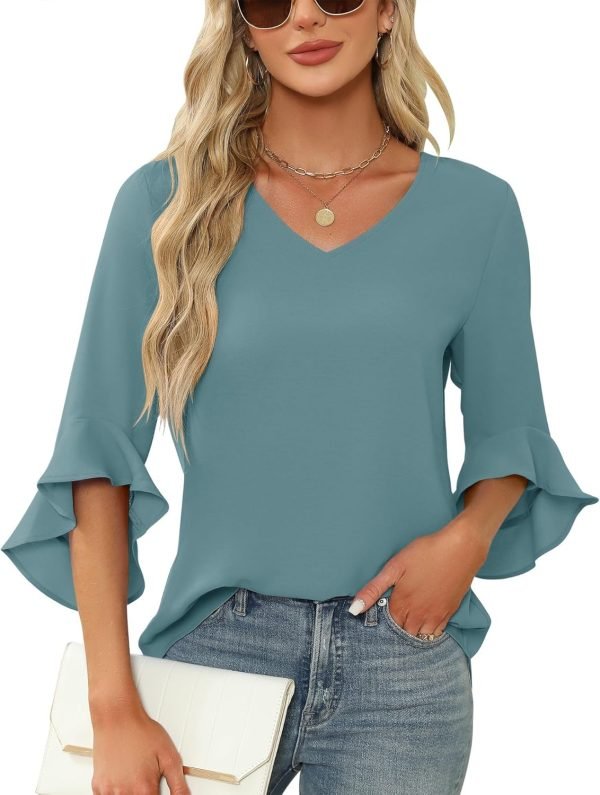 Chiffon Blouses for Women Ruffle 3/4 Sleeve Dressy V Neck Casual Flowy Tunic Tops