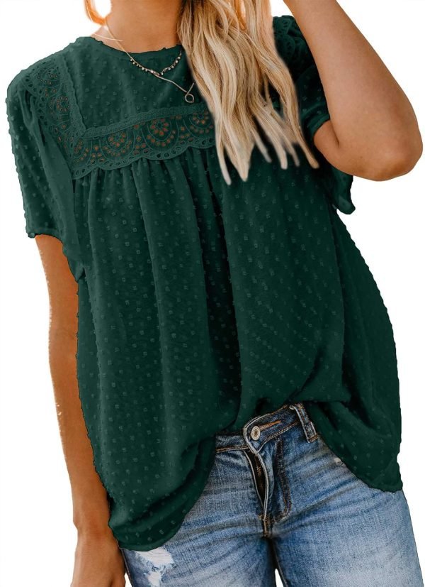 Womens Crewneck Lace Crochet Pom Pom Flowy Short Sleeve Casual Shirts Blouses Tops