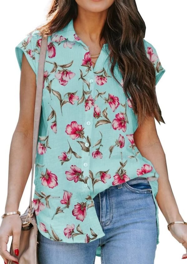 Women's V Neck Short Sleeve Button Down Shirts Casual Chiffon Blouses Tops
