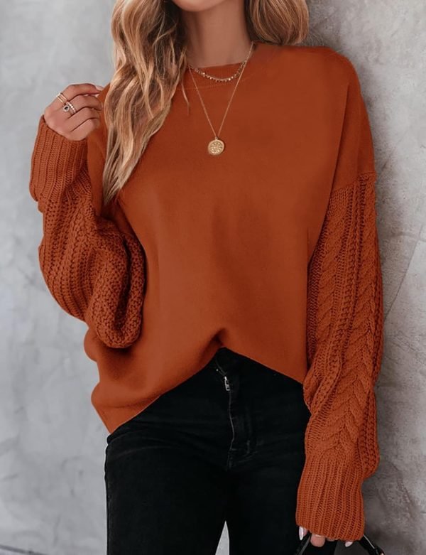 71GsTIsvUwL._AC_SL1500 Women's 2024 Fall Long Sleeve Crew Neck Solid Color Cable Knit Chunky Casual Oversized Pullover Sweater Tops