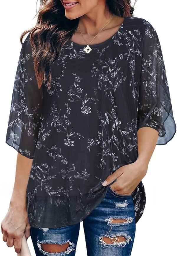 Womens Tops Dressy Casual Summer Chiffon Blouse 3/4 Sleeve Loose Mesh Tunic Shirts