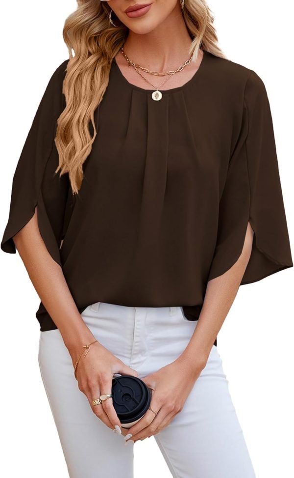 71H-x10AMzL._AC_SL1500 Women's Chiffon Blouse 3/4 Sleeve Crew Neck Loose Tops Casual Blouses Shirt