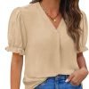 Women Dressy Casual Puff Short Sleeve Summer Tops V Neck Work Blouses