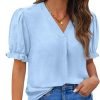 Women Dressy Casual Puff Short Sleeve Summer Tops V Neck Work Blouses