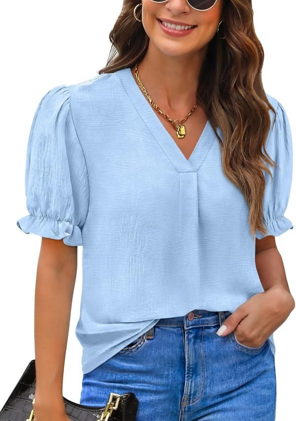 Women Dressy Casual Puff Short Sleeve Summer Tops V Neck Work Blouses