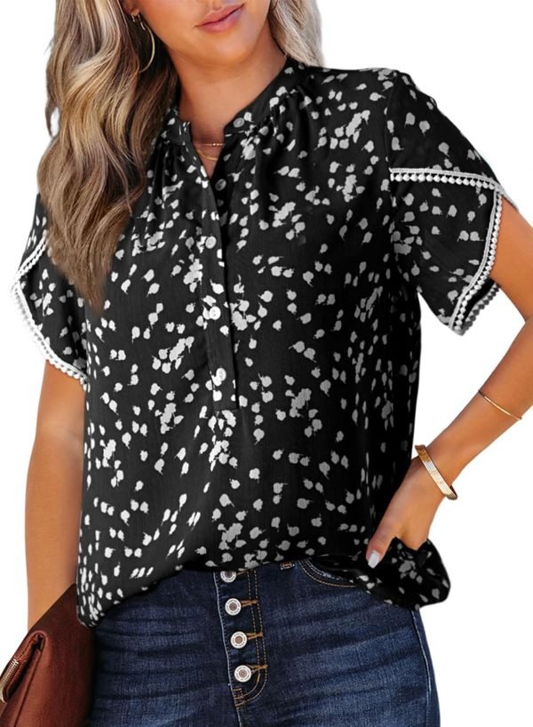 Womens Tops Summer Casual Boho Floral Print Short Sleeve Half Button Down V Neck Chiffon Blouses Shirts