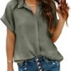 Women Chiffon Button Down Shirts with Pocket Short Sleeve Office Blouses V Neck Casual Business Tops Slim Fit Shirts