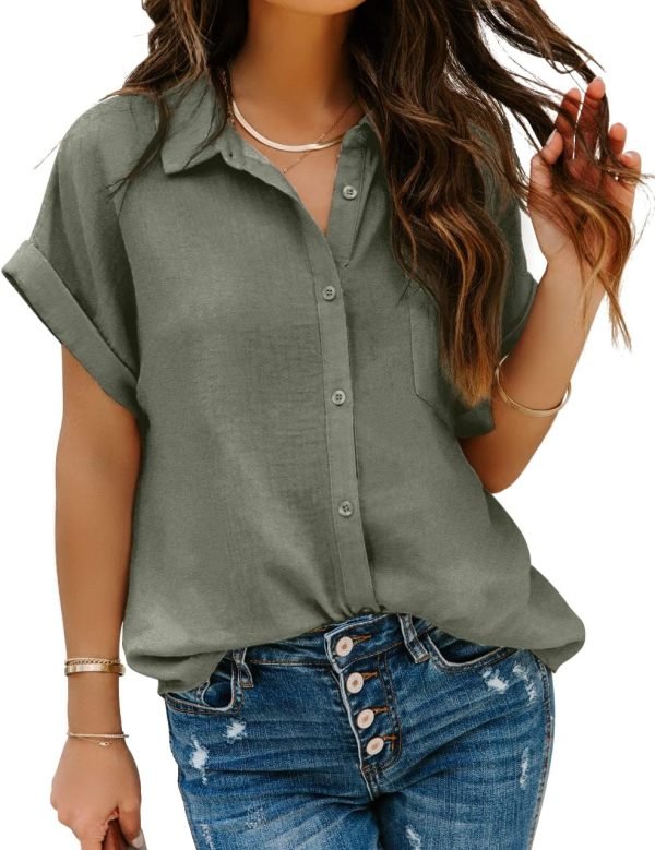 Women Chiffon Button Down Shirts with Pocket Short Sleeve Office Blouses V Neck Casual Business Tops Slim Fit Shirts