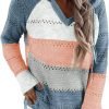 Women Color Block Hooded Crochet Striped Sweaters Lightweight Drawstring Hoodies Pullover Trendy Sweatshirts