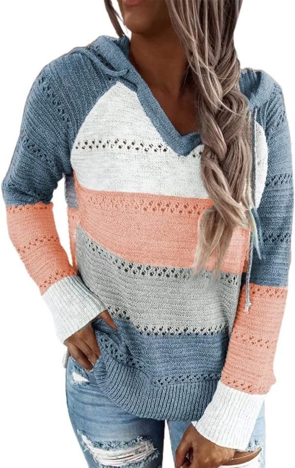 Women Color Block Hooded Crochet Striped Sweaters Lightweight Drawstring Hoodies Pullover Trendy Sweatshirts