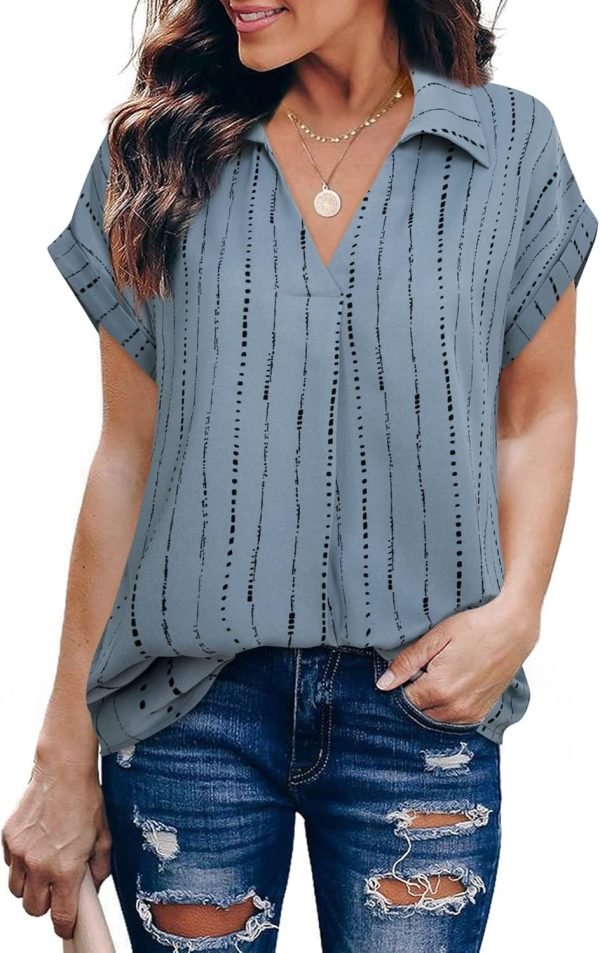 Women's Summer Work Blouse V Neck Short Sleeve Lapel Shirt Top Tunic