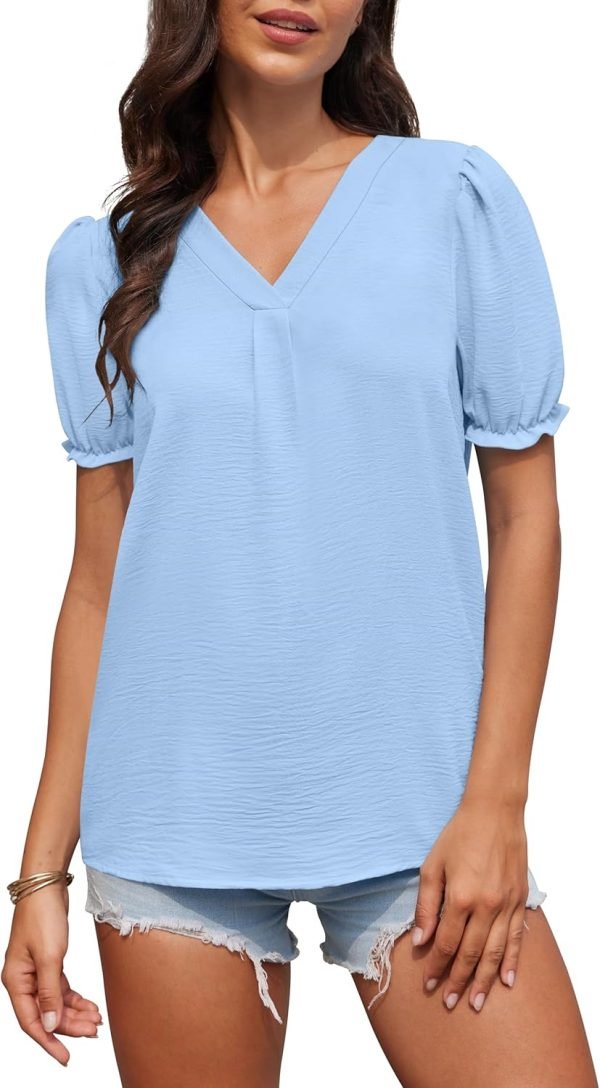 Women Dressy Casual Puff Short Sleeve Summer Tops V Neck Work Blouses