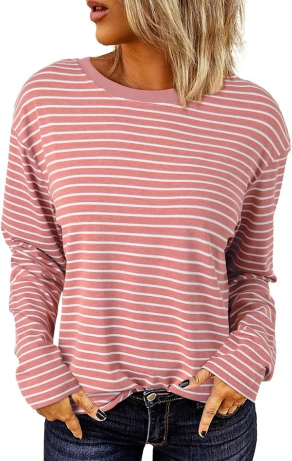 Women's Casual Striped Long Sleeve Tops Crew Neck Knit Ribbed Basic T Shirts