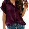 Women Chiffon Button Down Shirts with Pocket Short Sleeve Office Blouses V Neck Casual Business Tops Slim Fit Shirts