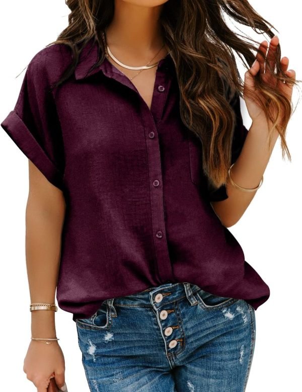 Women Chiffon Button Down Shirts with Pocket Short Sleeve Office Blouses V Neck Casual Business Tops Slim Fit Shirts