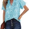 Women's Casual V Neck Floral Print Smocked Short Sleeve Chiffon Blouses Bohemian Top Shirts