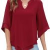 Womens 3/4 Sleeve Chiffon Blouses V Neck Double Layers Mesh Shirts Dressy Flowy Tunic Tops (M-5XL)