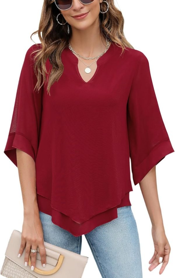 Womens 3/4 Sleeve Chiffon Blouses V Neck Double Layers Mesh Shirts Dressy Flowy Tunic Tops (M-5XL)