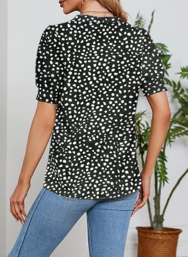 Womens Fashion Blouses Notched V Neck Puffer Short Sleeve Shirt Polka Dot Tops Chiffon Dressy Shirts