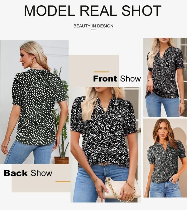 Womens Fashion Blouses Notched V Neck Puffer Short Sleeve Shirt Polka Dot Tops Chiffon Dressy Shirts
