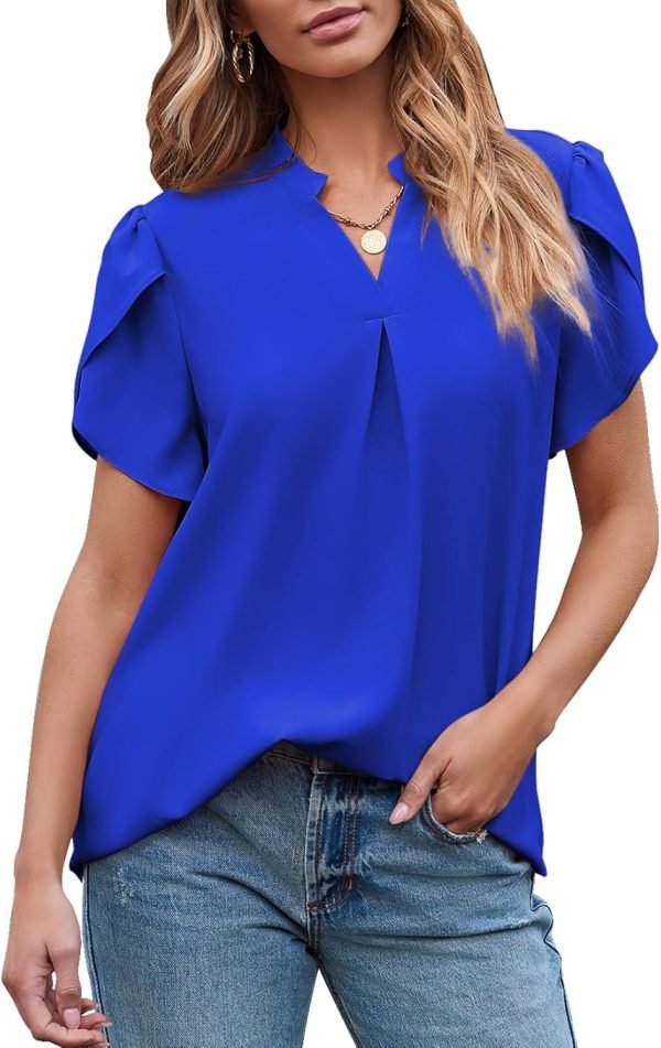 Women's Dressy Casual Business Work Chiffon Blouses Tops Summer V Neck Cute Loose Petal Short Sleeve T-Shirts