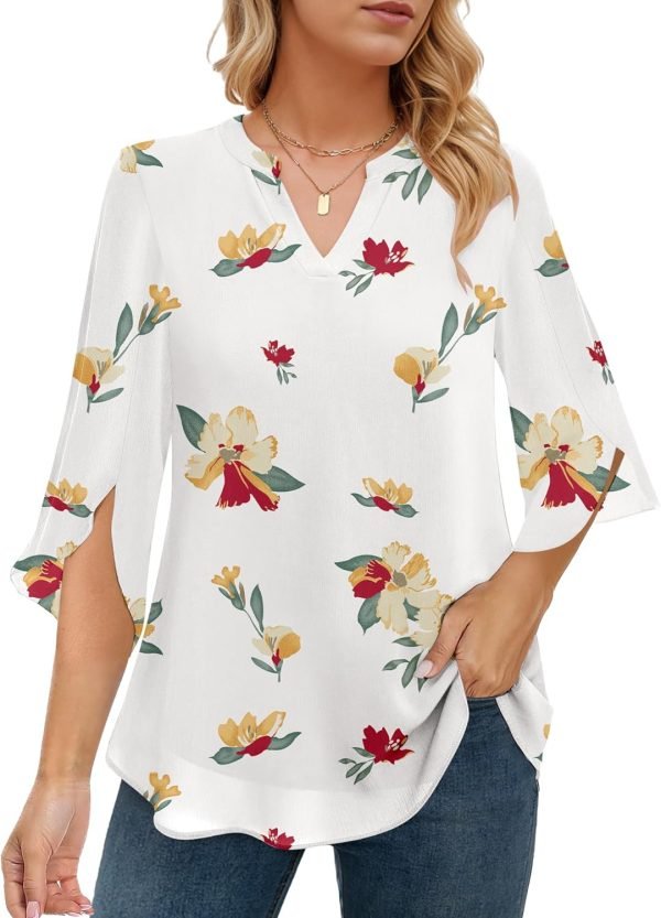 Women's 3/4 Sleeve Chiffon Blouses for Women Dressy Casual, V Neck Double Layers Chiffon Blouses 2024, Tunic Tops