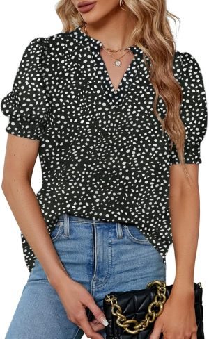 71IykTyZFgL._AC_SL1500 Womens Fashion Blouses Notched V Neck Puffer Short Sleeve Shirt Polka Dot Tops Chiffon Dressy Shirts
