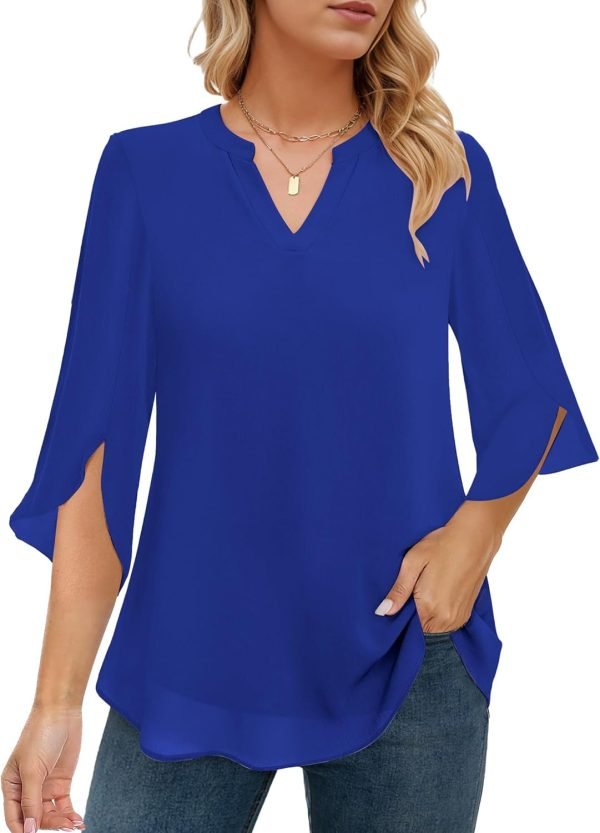 Women's 3/4 Sleeve Chiffon Blouses for Women Dressy Casual, V Neck Double Layers Chiffon Blouses 2024, Tunic Tops