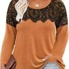 Plus Size Lace Tops for Women Long Sleeve Crewneck Pullover Fall T-shirts Tunics Basic Tees T-Shirts XL-5XL