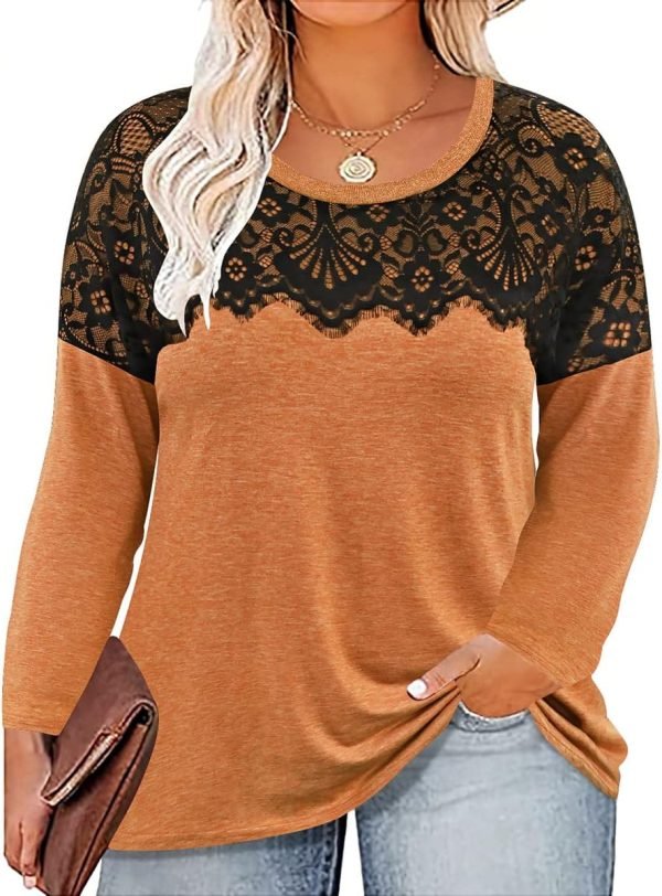 Plus Size Lace Tops for Women Long Sleeve Crewneck Pullover Fall T-shirts Tunics Basic Tees T-Shirts XL-5XL