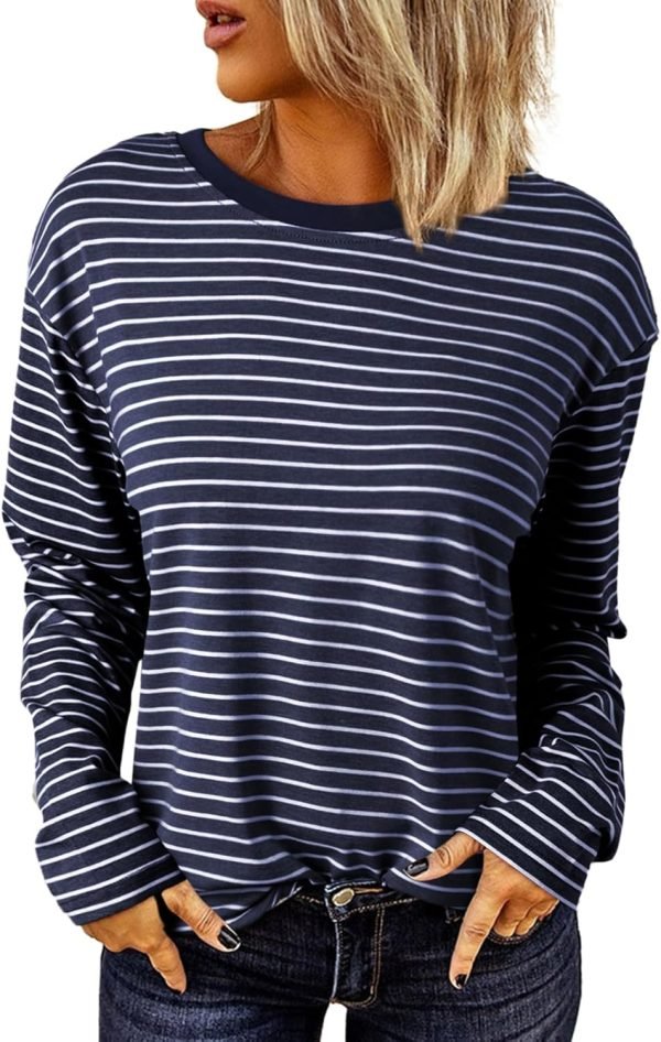 Women's Casual Striped Long Sleeve Tops Crew Neck Knit Ribbed Basic T Shirts