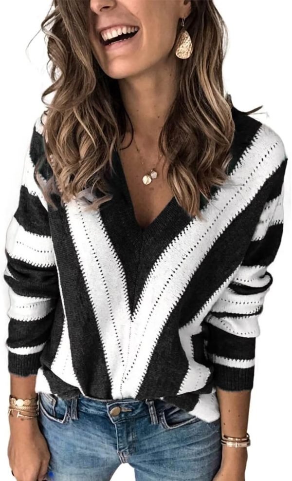 Womens 2024 Deep V Neck Sweaters Striped Long Sleeve Knit Pullover Sweaters for Women