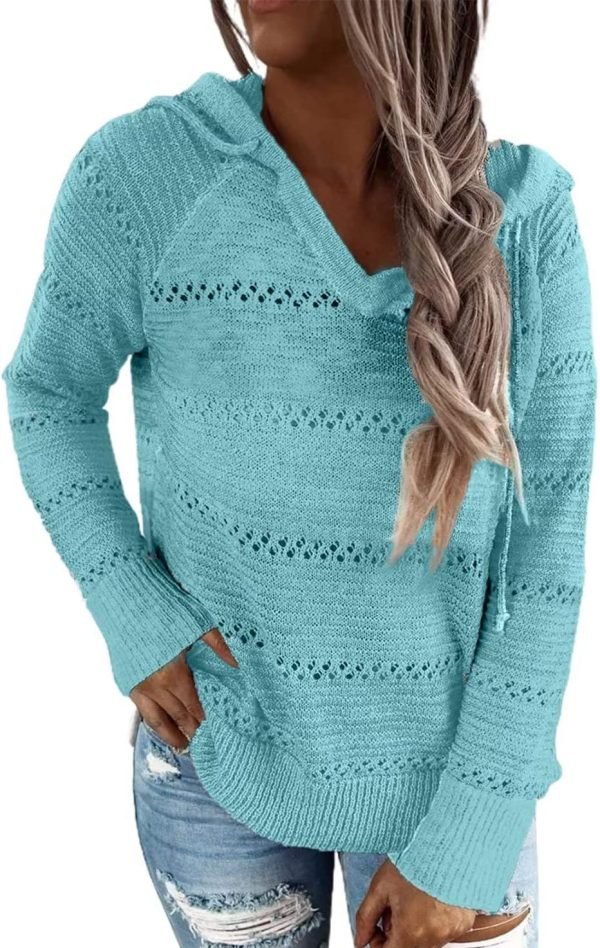 Women Color Block Hooded Crochet Striped Sweaters Lightweight Drawstring Hoodies Pullover Trendy Sweatshirts