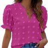 Womens Puff Sleeve Summer Tops Chiffon Short Sleeve Blouses White V Neck Pom Pom Shirts