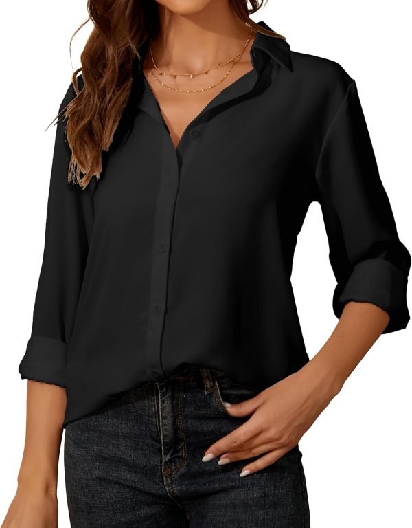 Womens Button Down Shirt Long Sleeve Classic Collared Tops Work Office Casual Chiffon Blouse